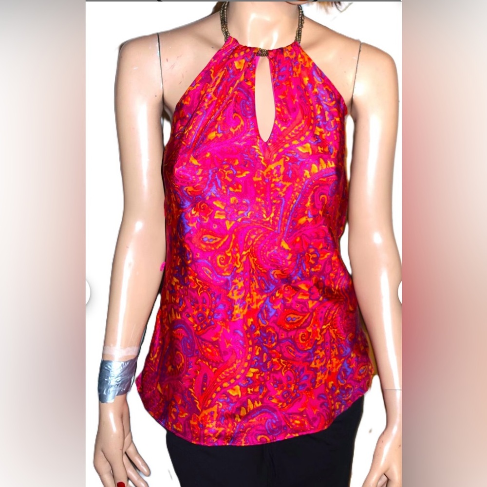 NWT Ralph Lauren L Halter Chain Pink Silk Paisley Blouse.  Size Large